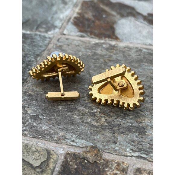 Vtg 1960's Oddly Shaped Gold Plated Moonstone Cufflinks Unique Construction Gold - Picture 4 of 4